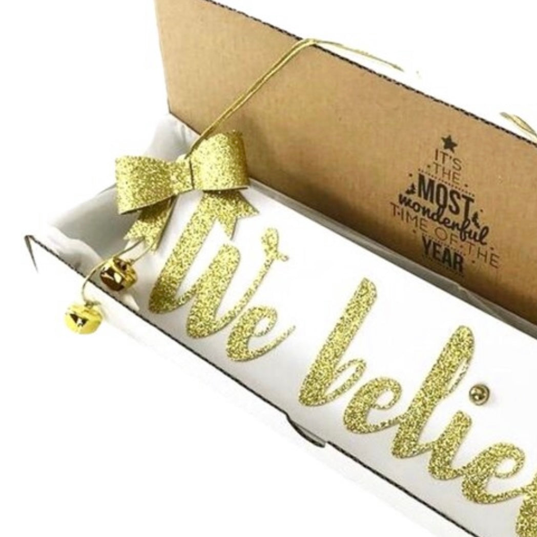 We believe sign Christmas decoration, Elegant white and gold unique Christmas sign with jingle bells and gold glitter bow