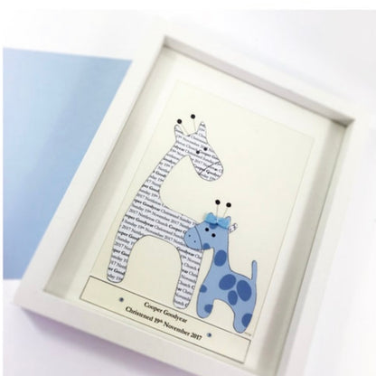 Personalised baby boy gift, Giraffe gift baby room decor, New baby boy personalised picture, New parents gift idea