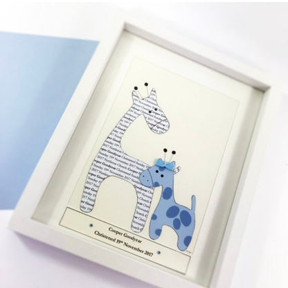 Personalised baby boy gift, Giraffe gift baby room decor, New baby boy personalised picture, New parents gift idea