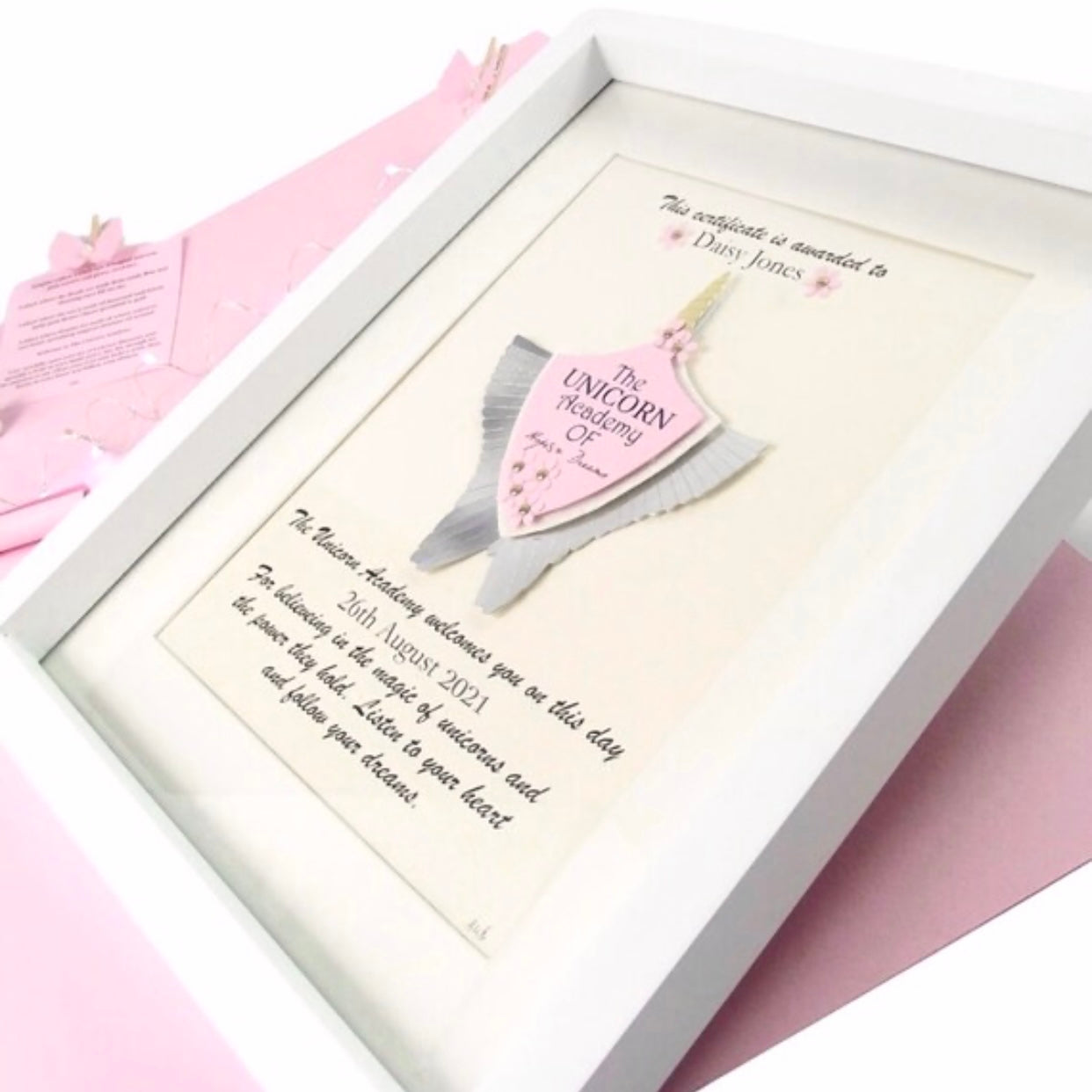 Unicorn emblem certificate, Fantasy Unicorn gift personalised, Unicorn gifts for girls with sparkly make a wish dust