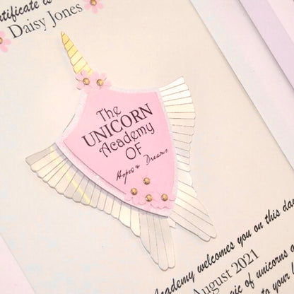 Unicorn emblem certificate, Fantasy Unicorn gift personalised, Unicorn gifts for girls with sparkly make a wish dust