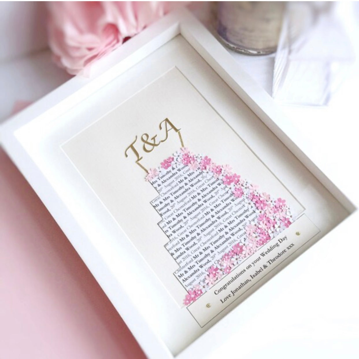 Floral wedding cake personalised print,  wedding gift for couple, with date, pretty flowers and gold initials