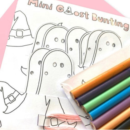 Pink Halloween activity pack, colouring, witches hat, bouncy bats, Ghost bunting, memory game, cat mask, Frankenstein