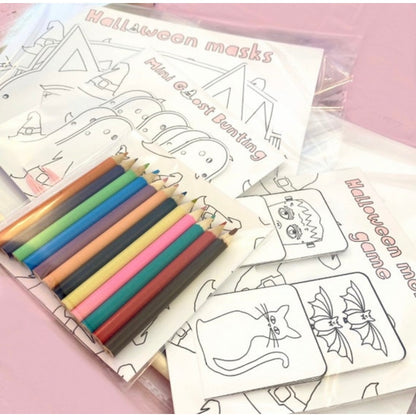 Pink Halloween activity pack, colouring, witches hat, bouncy bats, Ghost bunting, memory game, cat mask, Frankenstein