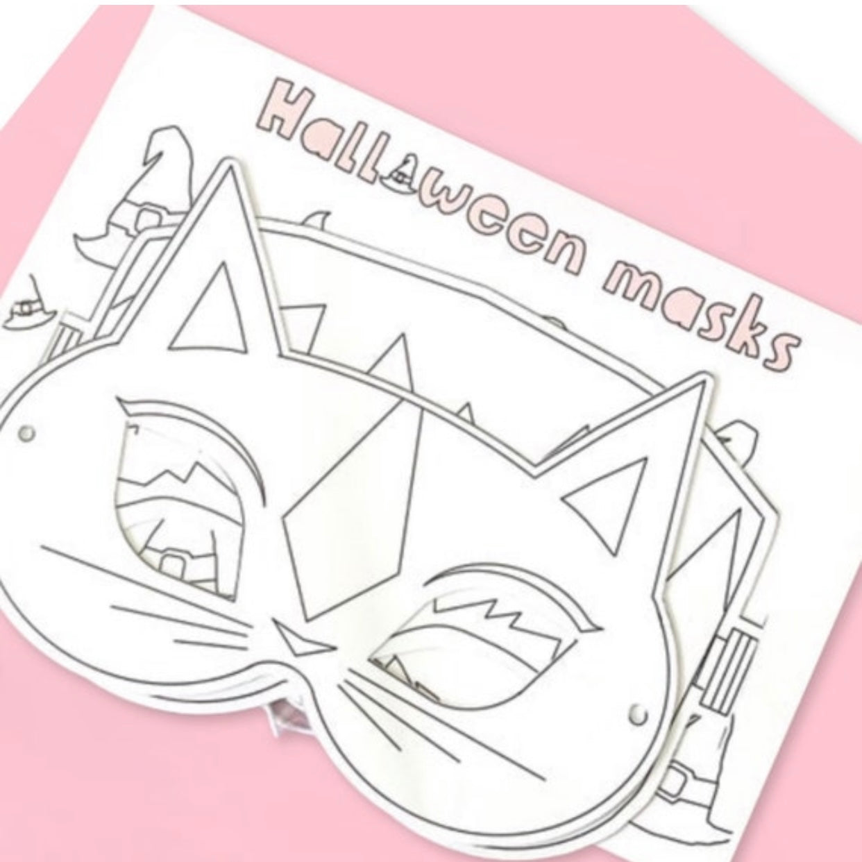 Pink Halloween activity pack, colouring, witches hat, bouncy bats, Ghost bunting, memory game, cat mask, Frankenstein