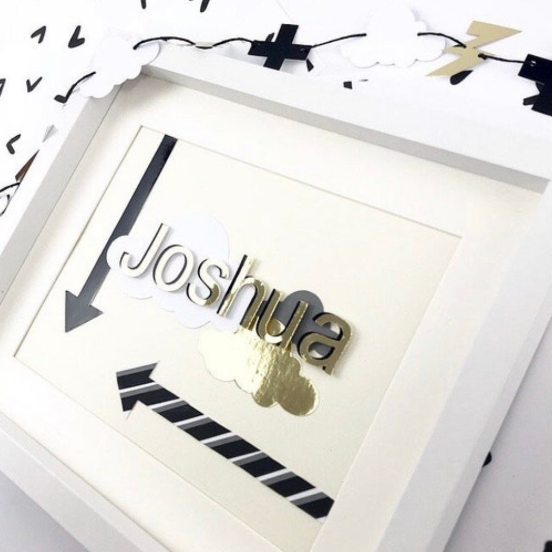 Personalised name frames for kids room decor, Letter art childrens, Arrow wall decor framed, Double layer gold letters