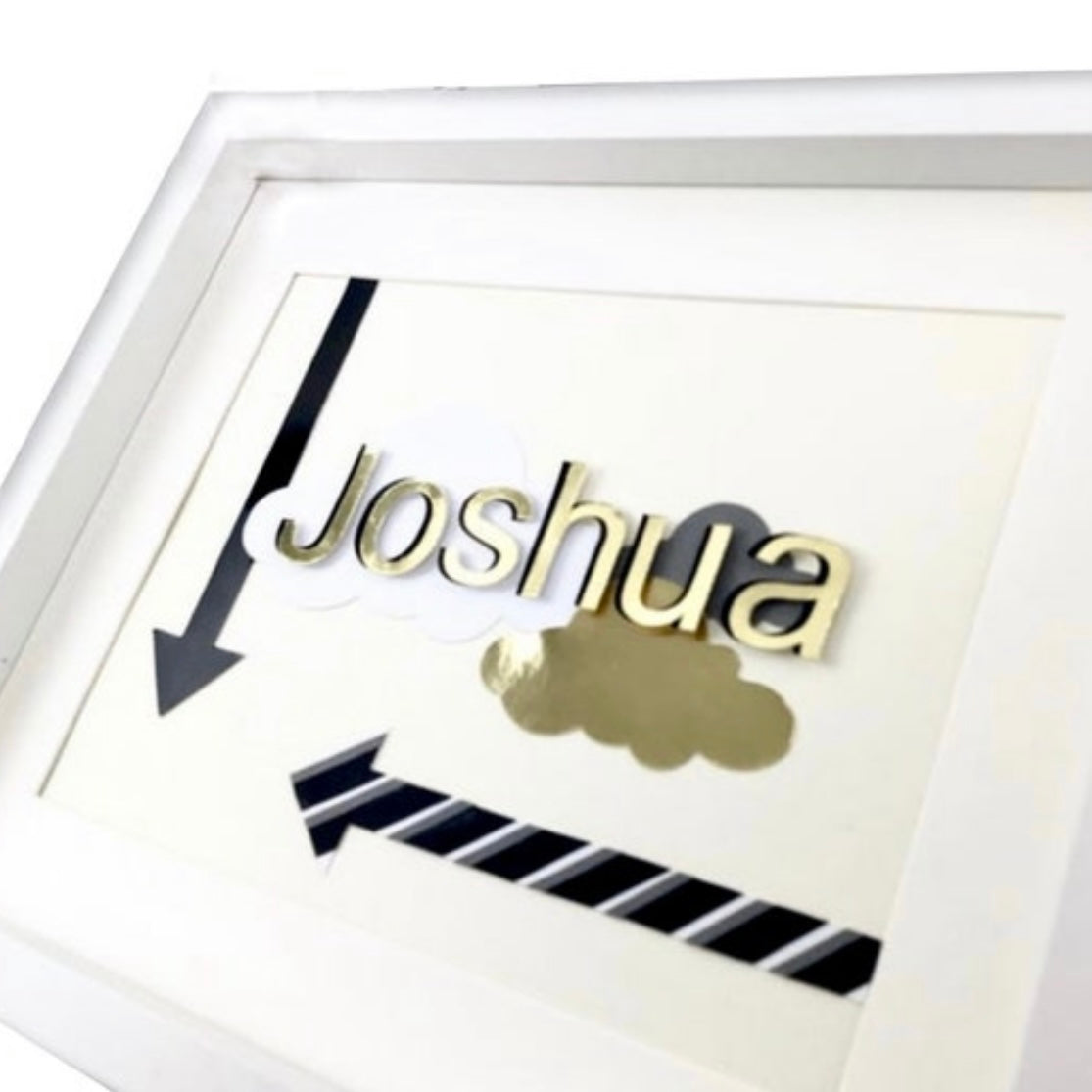 Personalised name frames for kids room decor, Letter art childrens, Arrow wall decor framed, Double layer gold letters