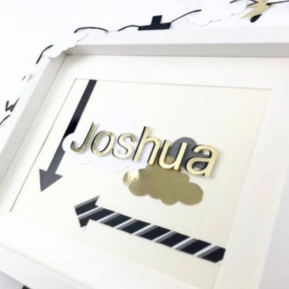 Personalised name frames for kids room decor, Letter art childrens, Arrow wall decor framed, Double layer gold letters