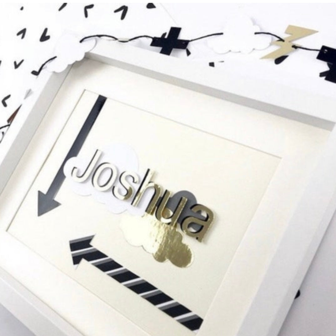 Personalised name frames for kids room decor, Letter art childrens, Arrow wall decor framed, Double layer gold letters