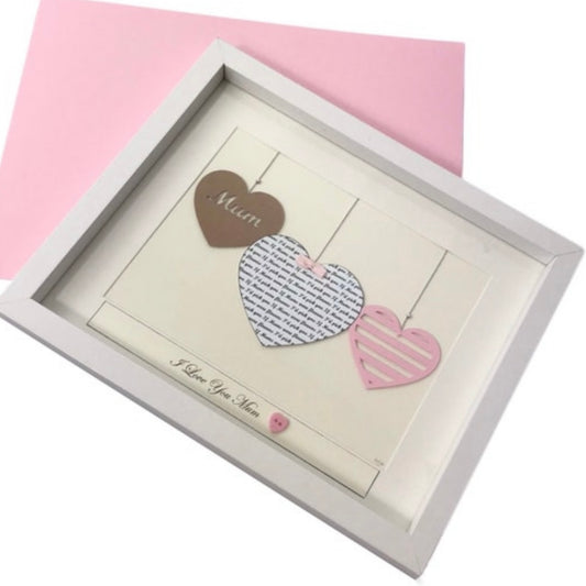 Framed three hearts personalised Birthday gift for mum, daughter, Grandma