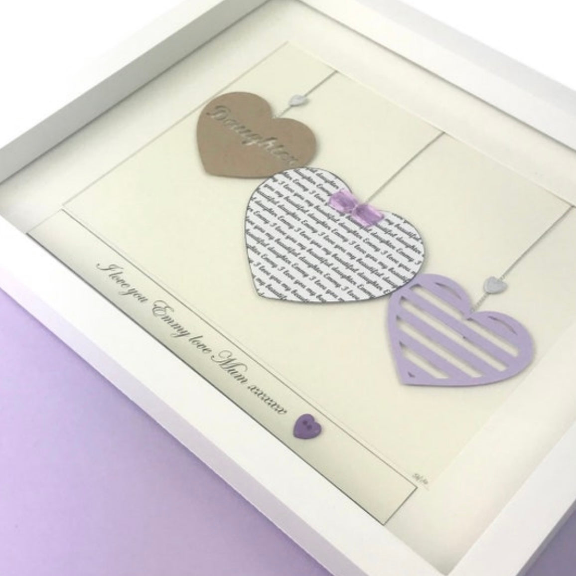 Framed three hearts personalised Birthday gift for mum, daughter, Grandma