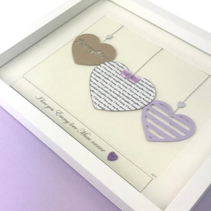 Framed three hearts personalised Birthday gift for mum, daughter, Grandma