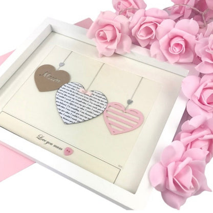 Framed three hearts personalised Birthday gift for mum, daughter, Grandma