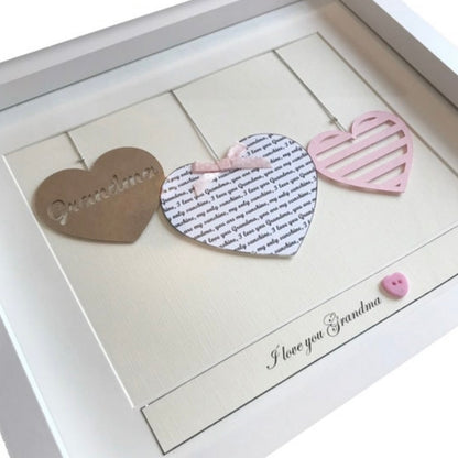 Framed three hearts personalised Birthday gift for mum, daughter, Grandma