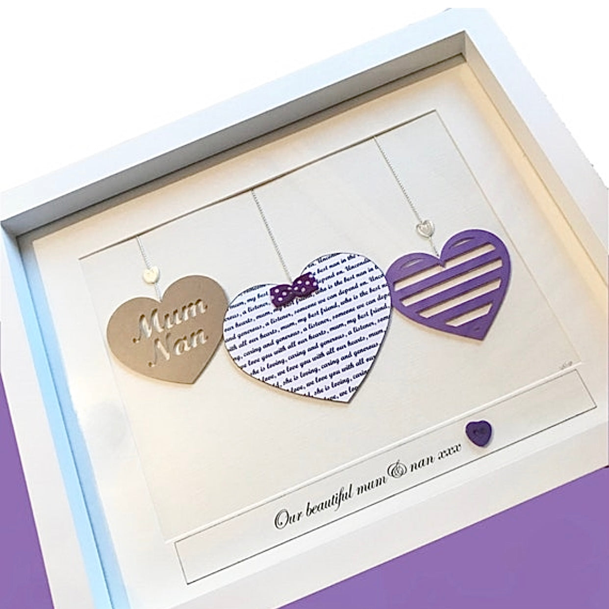 Framed three hearts personalised Birthday gift for mum, daughter, Grandma