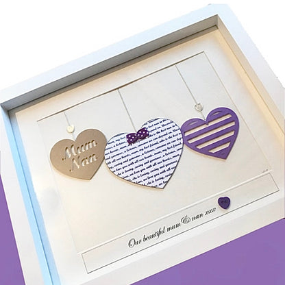 Framed three hearts personalised Birthday gift for mum, daughter, Grandma