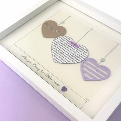 Framed three hearts personalised Birthday gift for mum, daughter, Grandma