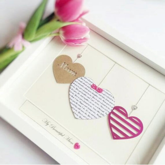 Personalised heart in frame, Gifts for Mums 3 hearts custom text print, Birthday gifts for her