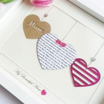 Personalised heart in frame, Gifts for Mums 3 hearts custom text print, Birthday gifts for her