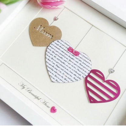 Personalised heart in frame, Gifts for Mums 3 hearts custom text print, Birthday gifts for her