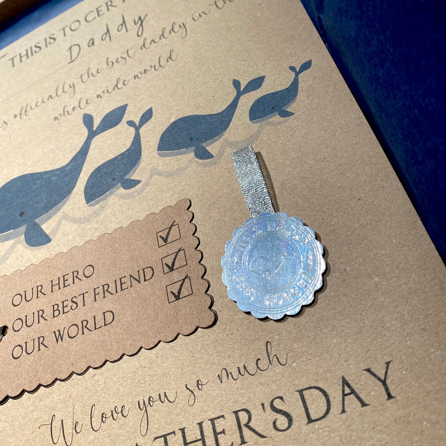 Fathers Day award certificate personalised, A4 blue whale family theme for best dad ever