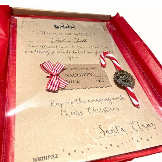 Personalised from Santa letter with gold Nice List seal and red and white candy cane sweet – Christmas holiday keepsake for children in the UK

